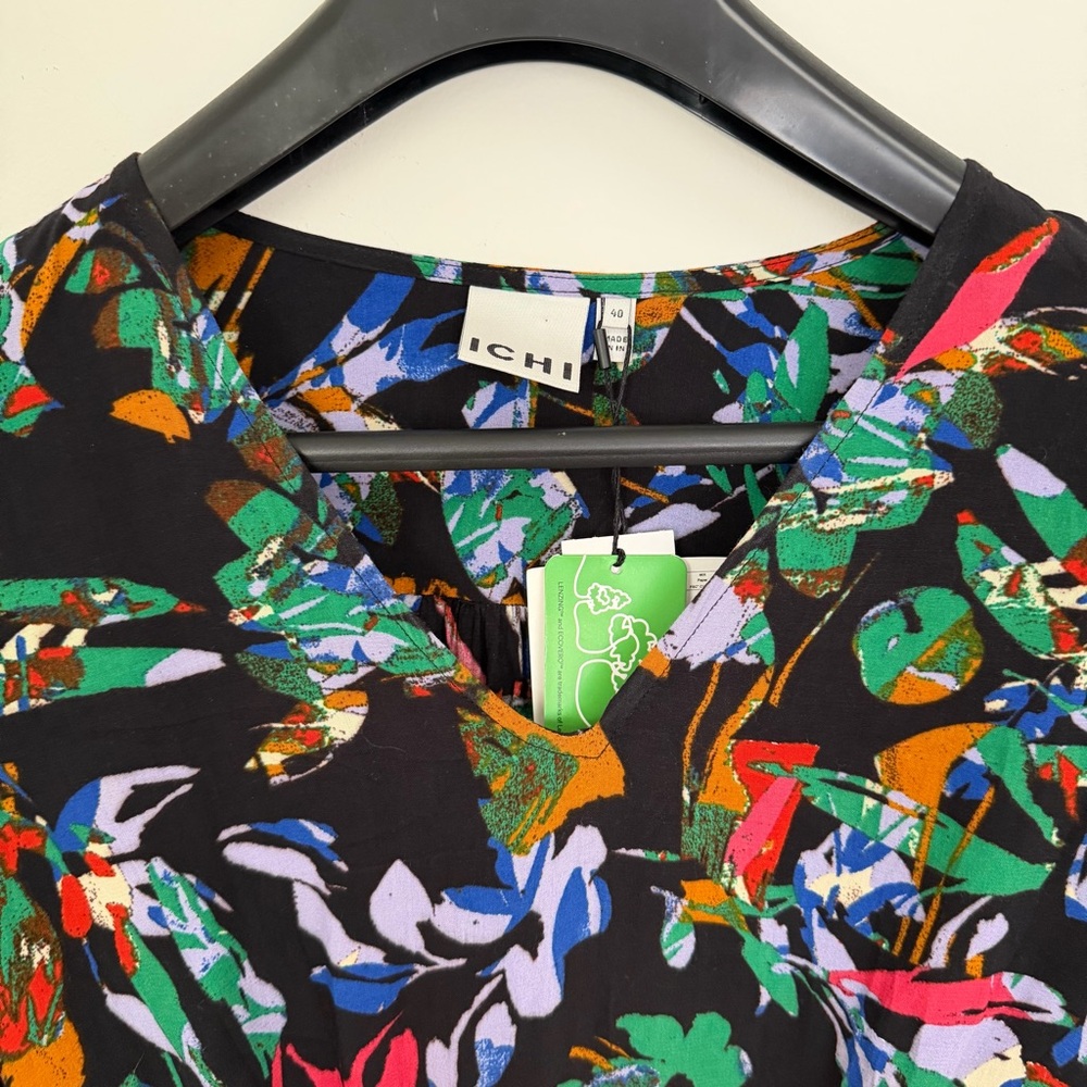 ICHI EcoVero Floral Print Short A-Line Dress Balloon Sleeve V-Neck Size 40 - Picture 4 of 11